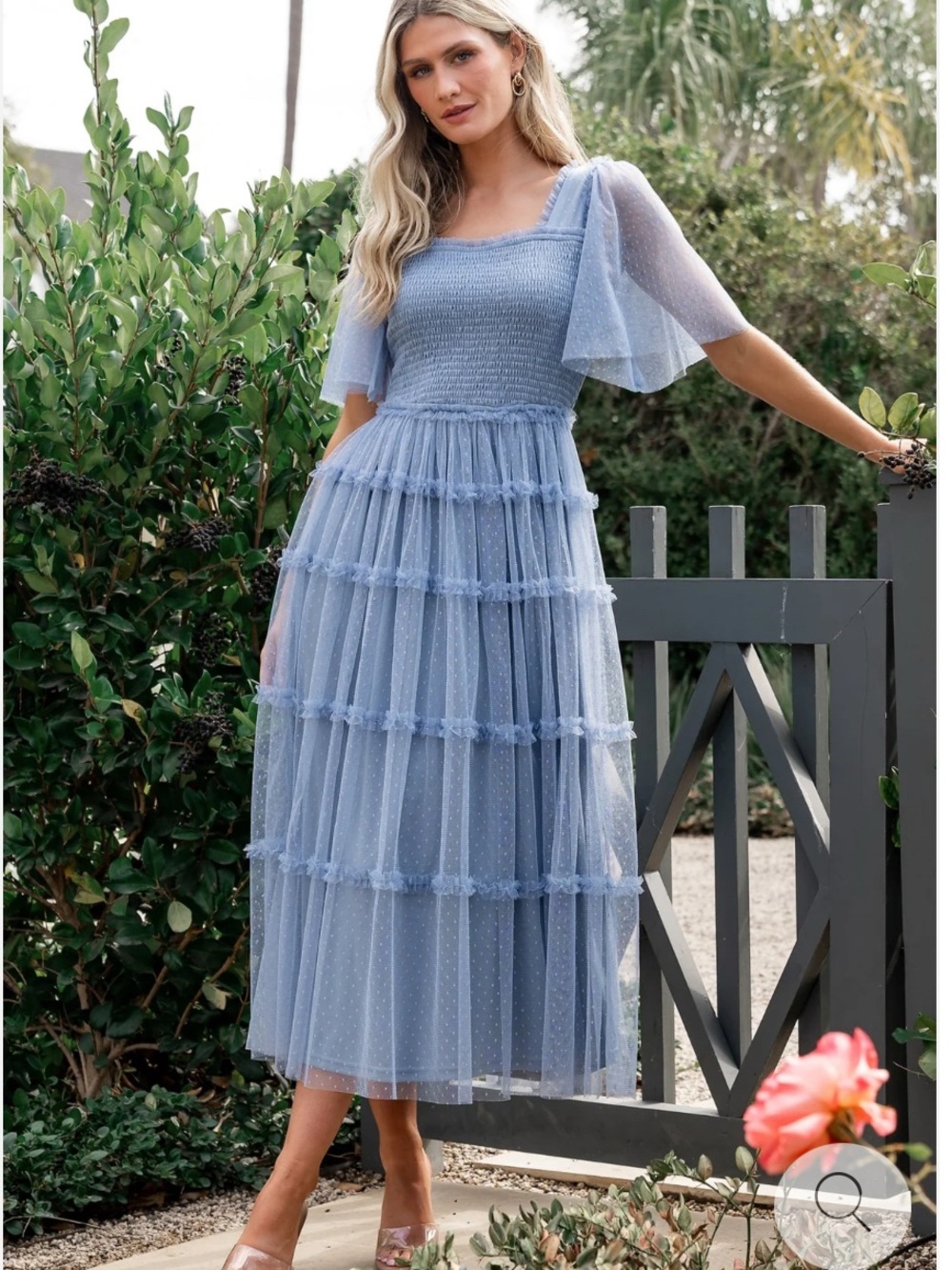 Baltic Born Powder Blue Smocked Midi Dress with Sheer Tiered Skirt - Picture 5 of 5